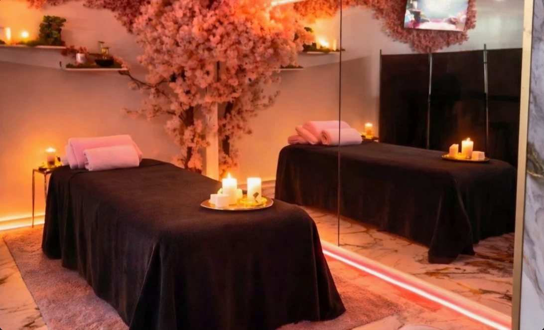 Deux tables de soin à la lumière des bougies, au pied du cerisier en fleurs.